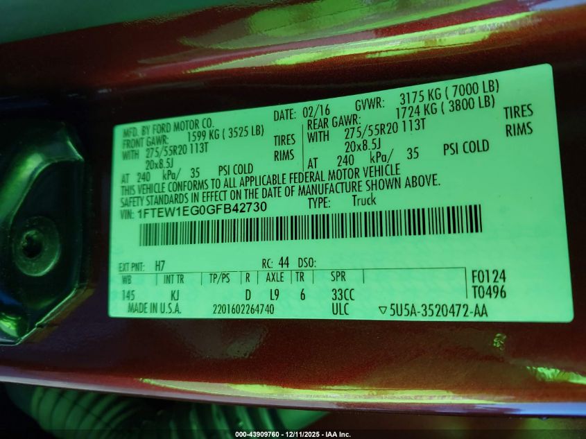 2016 Ford F-150 King Ranch VIN: 1FTEW1EG0GFB42730 Lot: 43909760