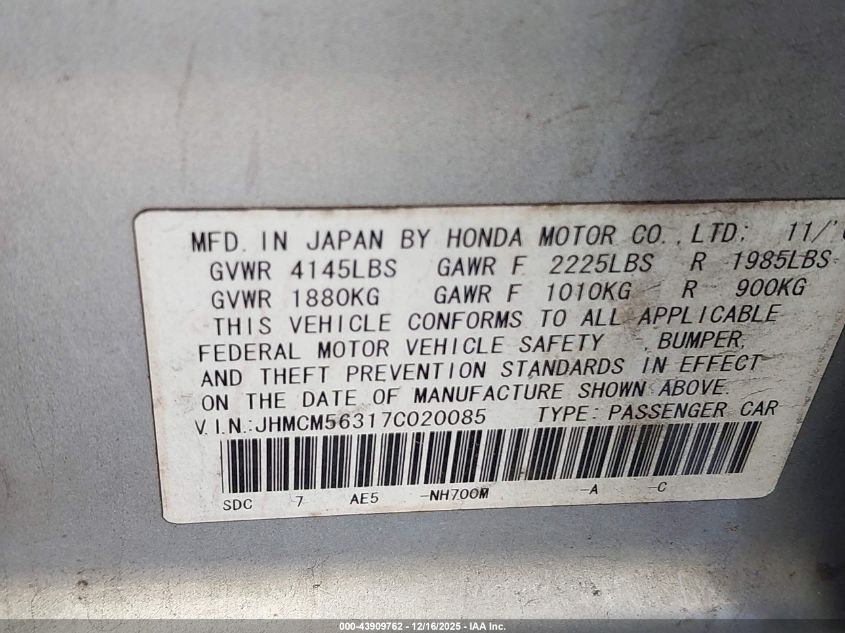 2007 Honda Accord 2.4 Se VIN: JHMCM56317C020085 Lot: 43909762
