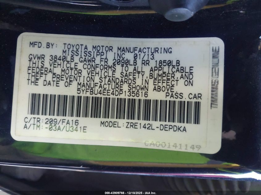 2013 Toyota Corolla L VIN: 5YFBU4EE4DP135616 Lot: 43909766