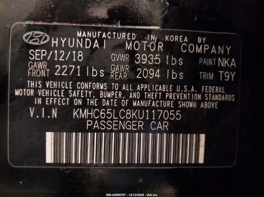 2019 Hyundai Ioniq Hybrid Blue VIN: KMHC65LC8KU117055 Lot: 43909767