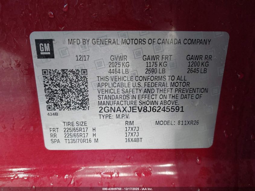 2018 Chevrolet Equinox Lt VIN: 2GNAXJEV8J6245591 Lot: 43909768