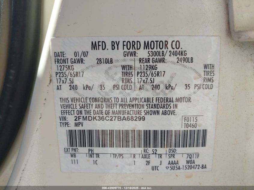 2007 Ford Edge Se VIN: 2FMDK36C27BA68299 Lot: 43909770