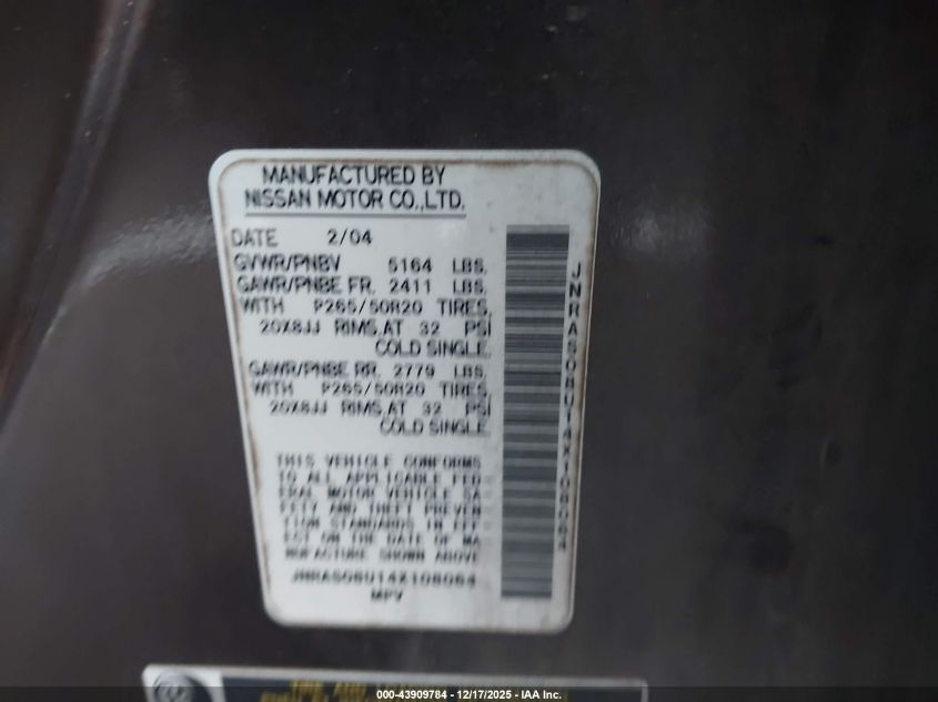 2004 Infiniti Fx35 VIN: JNRAS08U14X108064 Lot: 43909784