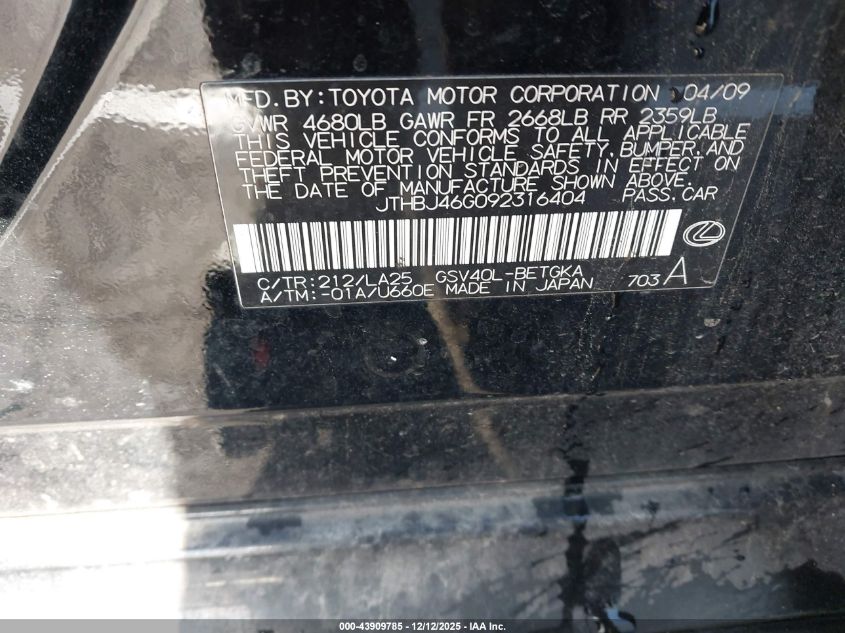 2009 Lexus Es 350 VIN: JTHBJ46G092316404 Lot: 43909785