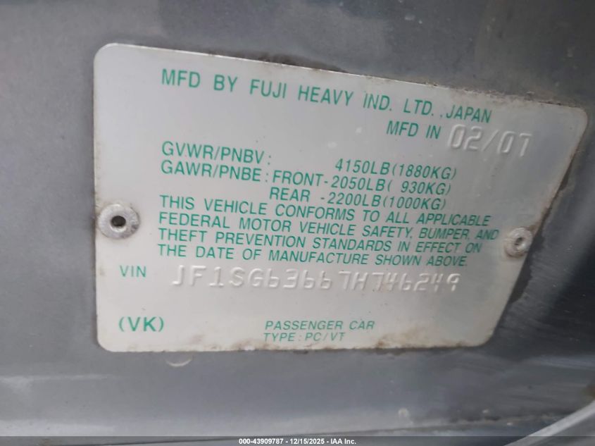 2007 Subaru Forester 2.5X VIN: JF1SG63667H746249 Lot: 43909787