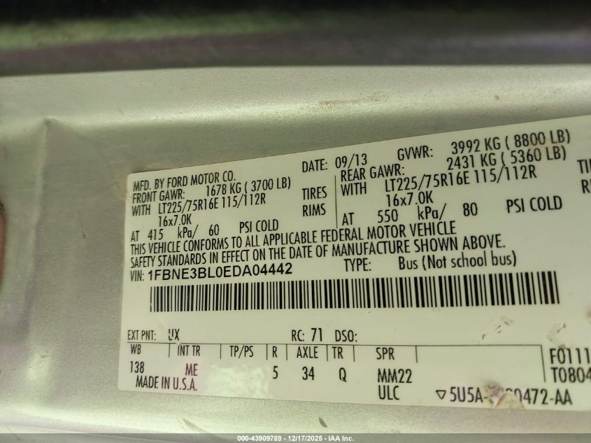 2014 Ford E-350 Super Duty Xlt VIN: 1FBNE3BL0EDA04442 Lot: 43909789