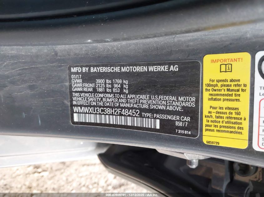2017 Mini Hardtop Cooper S VIN: WMWXU3C38H2F48452 Lot: 43909791