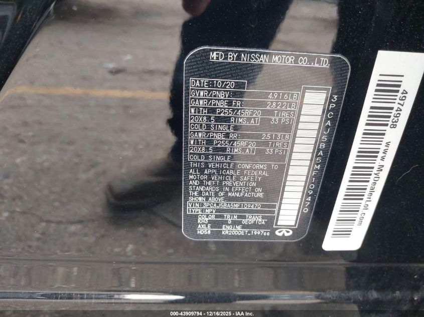 2021 Infiniti Qx50 Luxe VIN: 3PCAJ5BA5MF109470 Lot: 43909794