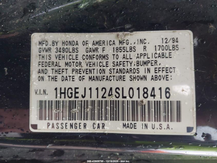 1995 Honda Civic Ex VIN: 1HGEJ1124SL018416 Lot: 43909799