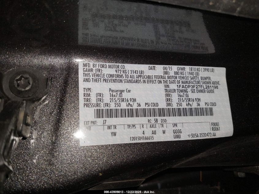 2015 Ford Focus Se VIN: 1FADP3F27FL281198 Lot: 43909813