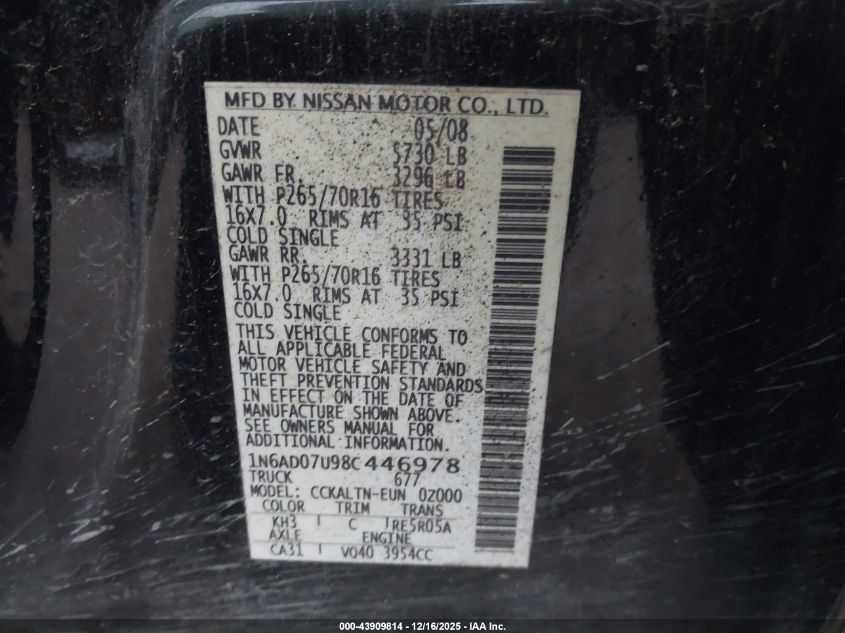 2008 Nissan Frontier Se VIN: 1N6AD07U98C446978 Lot: 43909814