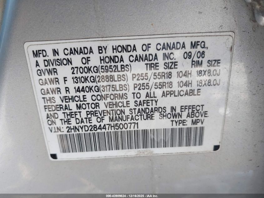 2007 Acura Mdx Technology Package VIN: 2HNYD28447H500771 Lot: 43909824