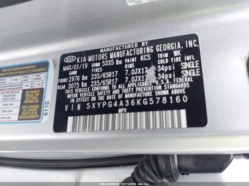 2019 Kia Sorento 2.4L L VIN: 5XYPG4A36KG578160 Lot: 43909826