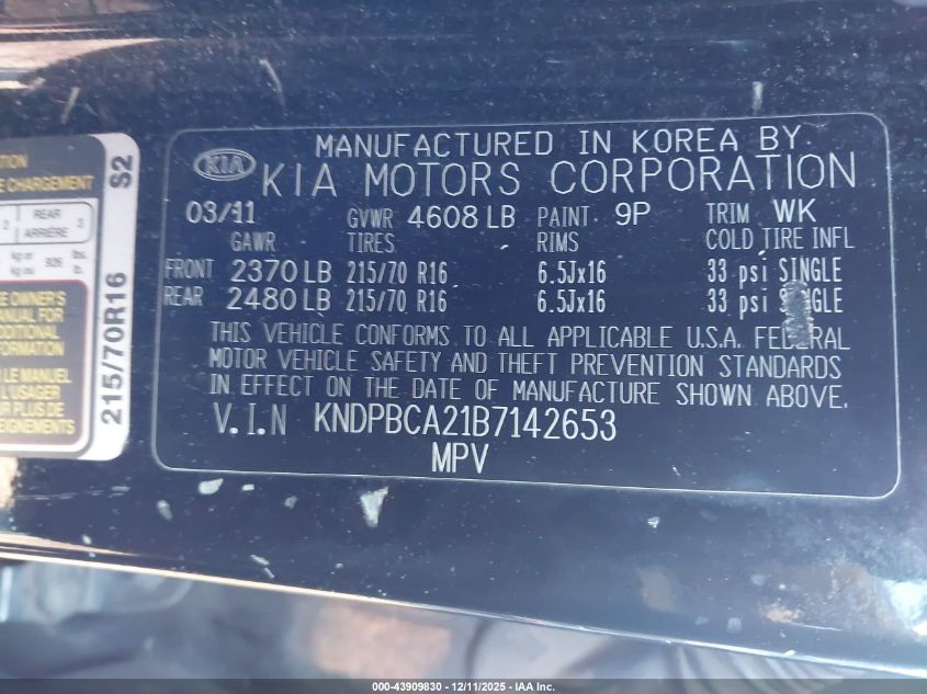 2011 Kia Sportage Lx VIN: KNDPBCA21B7142653 Lot: 43909830