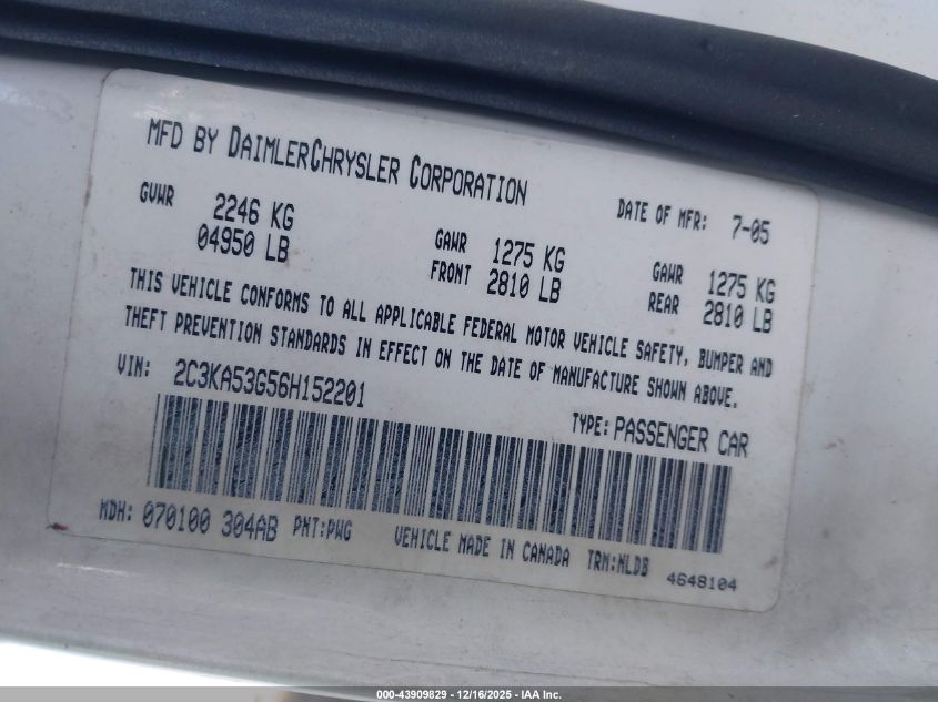 2006 Chrysler 300 Touring VIN: 2C3KA53G56H152201 Lot: 43909829