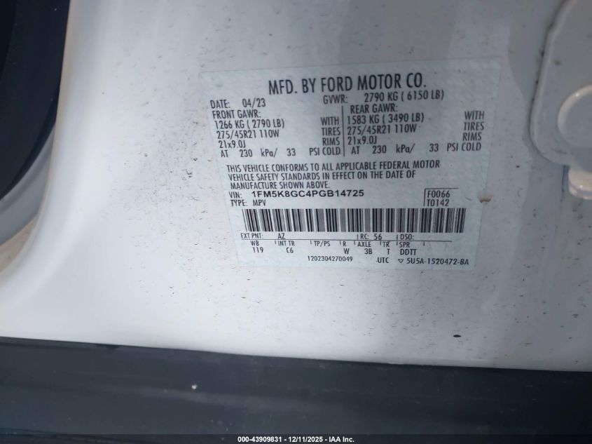 2023 Ford Explorer St VIN: 1FM5K8GC4PGB14725 Lot: 43909831