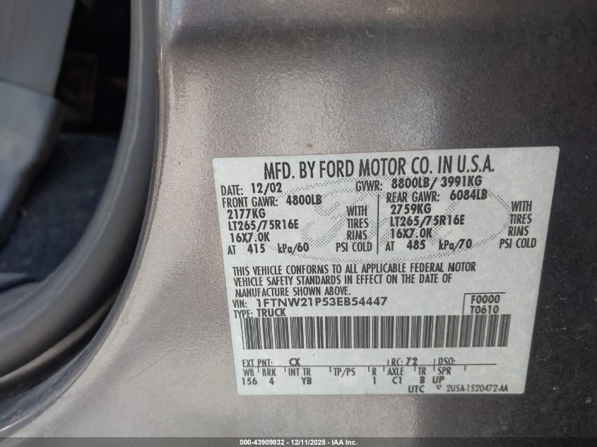 2003 Ford F-250 Lariat/Xl/Xlt VIN: 1FTNW21P53EB54447 Lot: 43909832