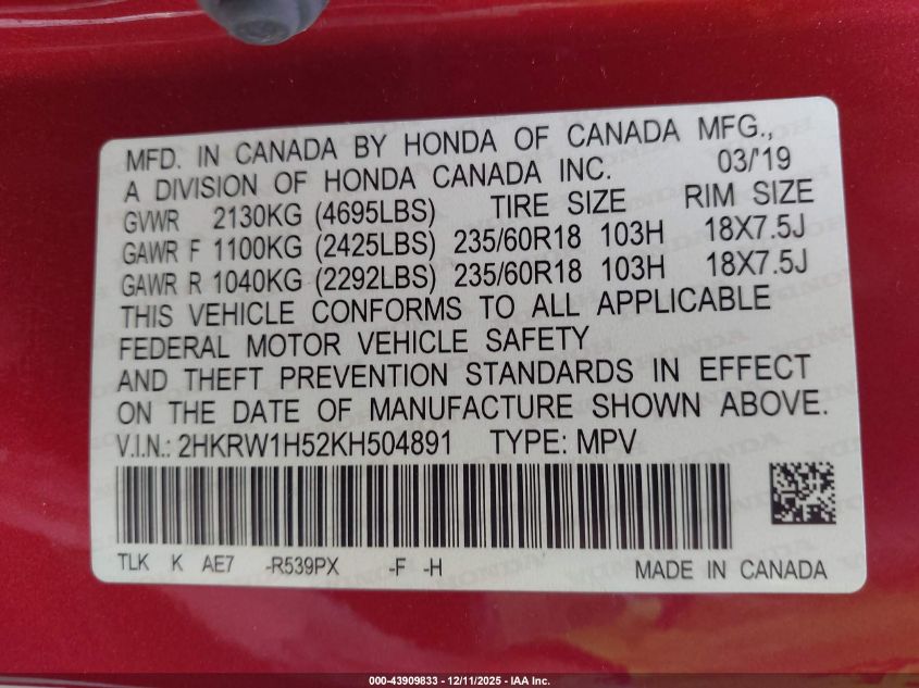 2019 Honda Cr-V Ex VIN: 2HKRW1H52KH504891 Lot: 43909833