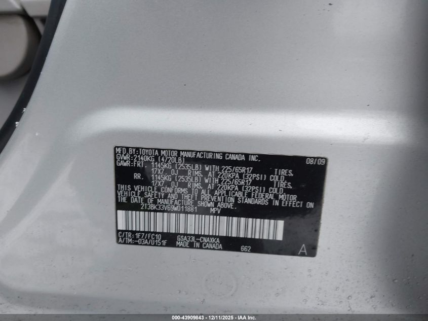 2009 Toyota Rav4 Base V6 VIN: 2T3BK33V69W011881 Lot: 43909843