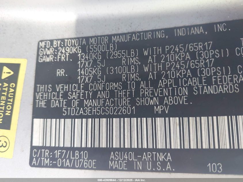 2012 Toyota Highlander Se VIN: 5TDZA3EH5CS022601 Lot: 43909844