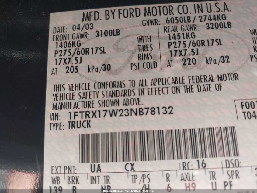 2003 Ford F-150 Lariat/Xl/Xlt VIN: 1FTRX17W23NB78132 Lot: 43909846