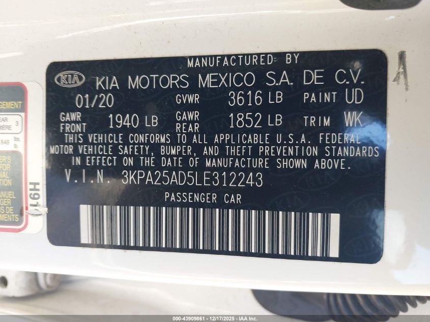 2020 Kia Rio 5-Door S VIN: 3KPA25AD5LE312243 Lot: 43909861