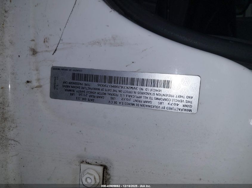 2011 Volkswagen Jetta 2.0L S VIN: 3VW2K7AJ9BM379936 Lot: 43909862