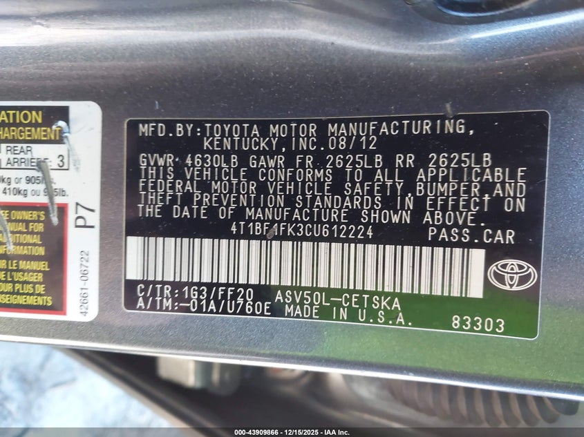 4T1BF1FK3CU612224 2012 TOYOTA CAMRY photo no. 9
