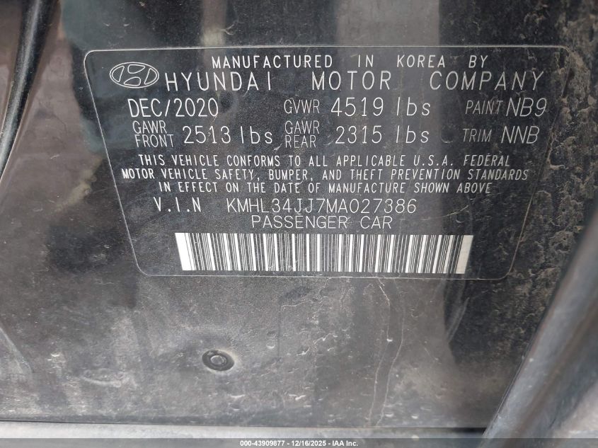 2021 Hyundai Sonata Sel VIN: KMHL34JJ7MA027386 Lot: 43909877