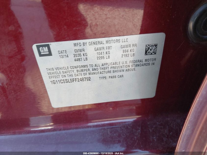 2015 Chevrolet Malibu 1Lt VIN: 1G11C5SL5FF248792 Lot: 43909880