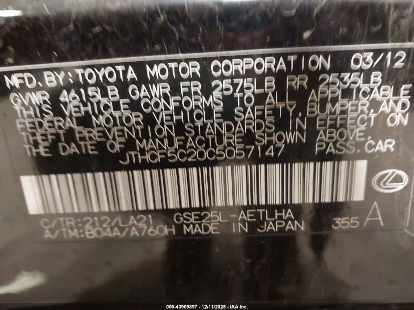 2012 Lexus Is 250 VIN: JTHCF5C20C5057147 Lot: 43909897