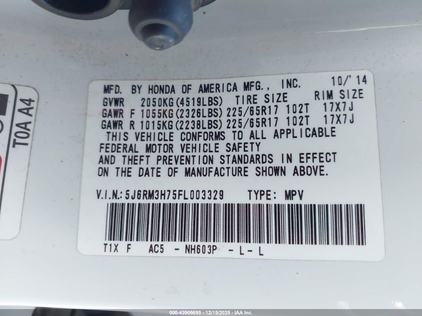 2015 Honda Cr-V Ex-L VIN: 5J6RM3H75FL003329 Lot: 43909899