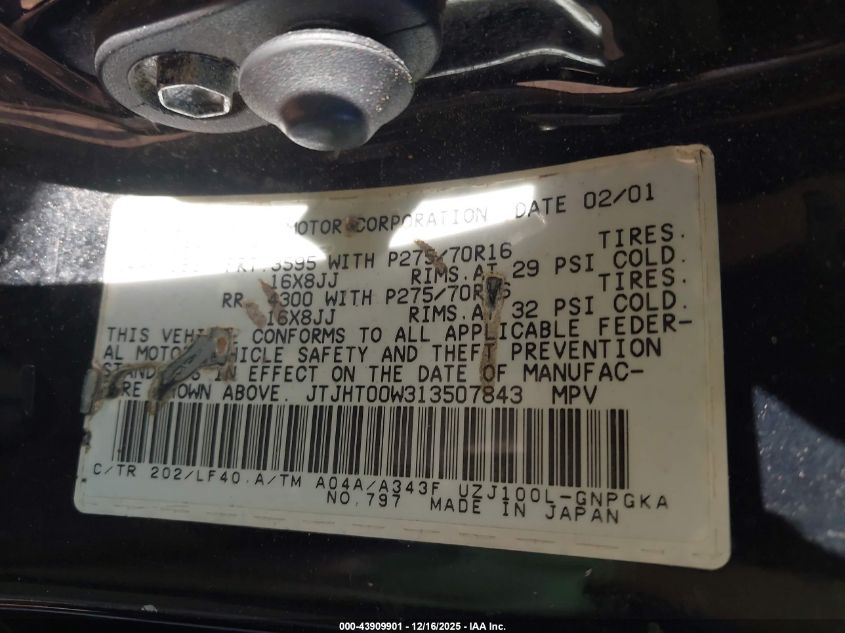 2001 Lexus Lx 470 VIN: JTJHT00W313507843 Lot: 43909901