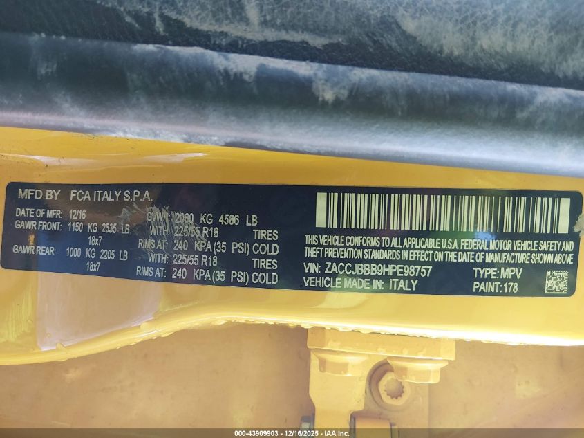 2017 Jeep Renegade Altitude 4X4 VIN: ZACCJBBB9HPE98757 Lot: 43909903