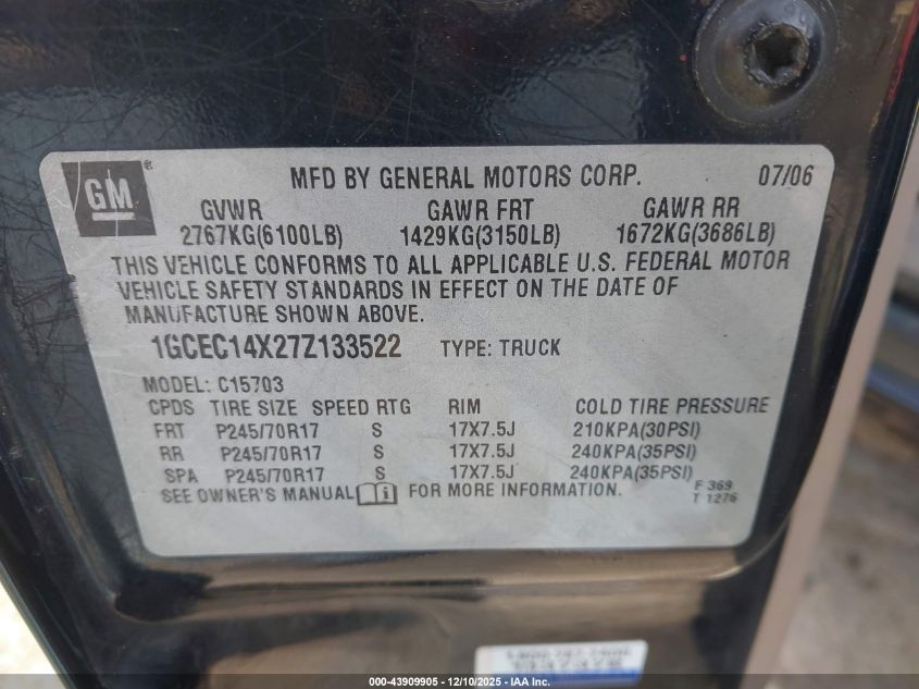 2007 Chevrolet Silverado 1500 Classic Ls VIN: 1GCEC14X27Z133522 Lot: 43909905