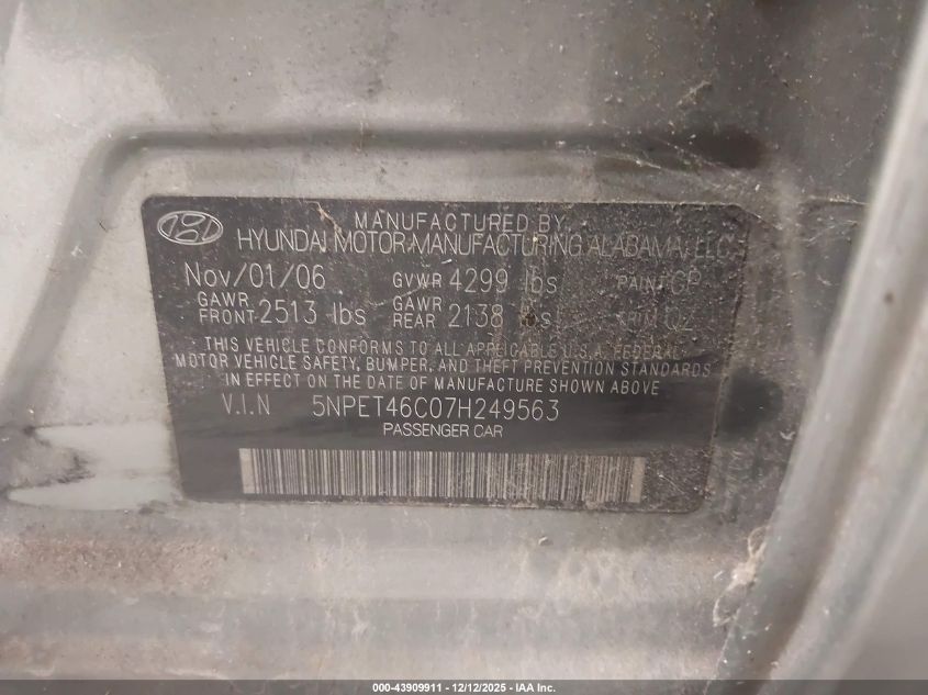 2007 Hyundai Sonata Gls VIN: 5NPET46C07H249563 Lot: 43909911