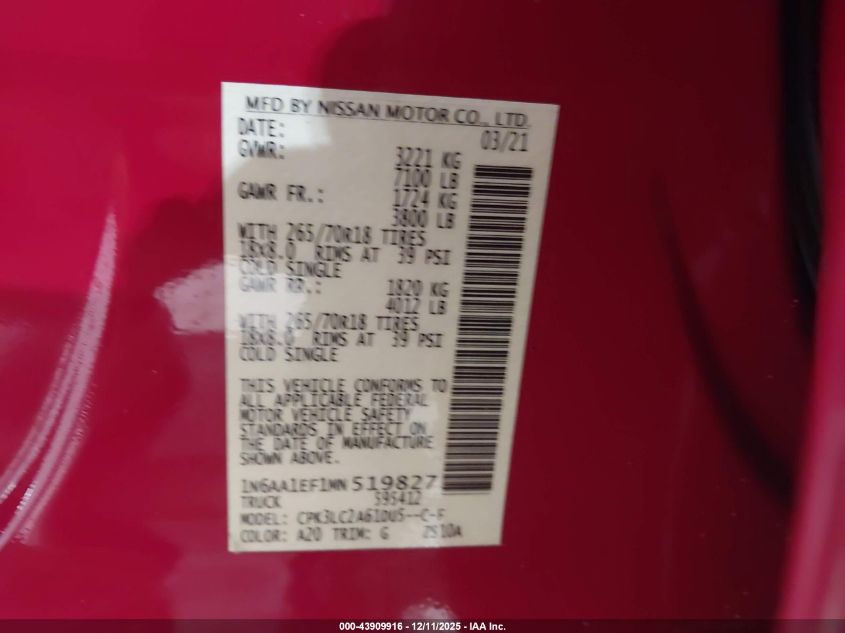 2021 Nissan Titan Sv 4X2 VIN: 1N6AA1EF1MN519827 Lot: 43909916