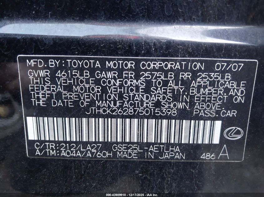2007 Lexus Is 250 VIN: JTHCK262875015398 Lot: 43909918