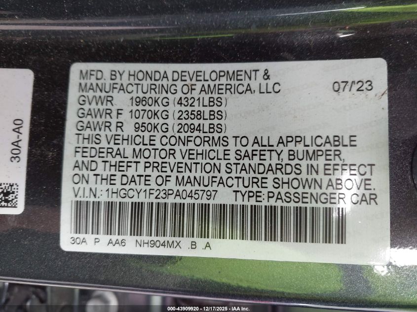 2023 Honda Accord Lx VIN: 1HGCY1F23PA045797 Lot: 43909920