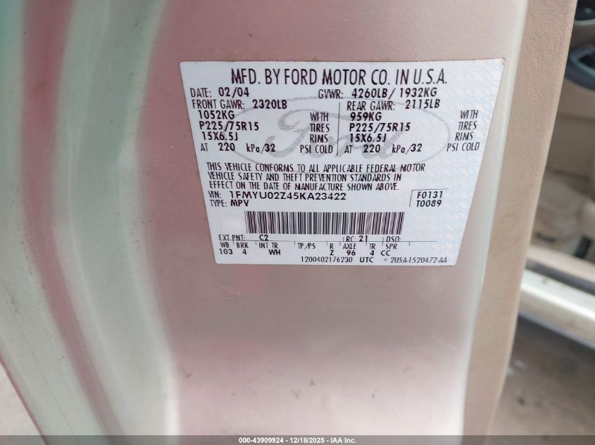 2005 Ford Escape Xls VIN: 1FMYU02Z45KA23422 Lot: 43909924