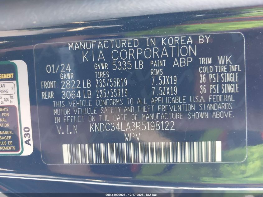 2024 Kia Ev6 Wind VIN: KNDC34LA3R5198122 Lot: 43909925