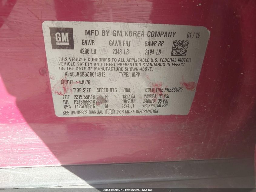 2016 Buick Encore Convenience VIN: KL4CJBSB3GB614912 Lot: 43909927