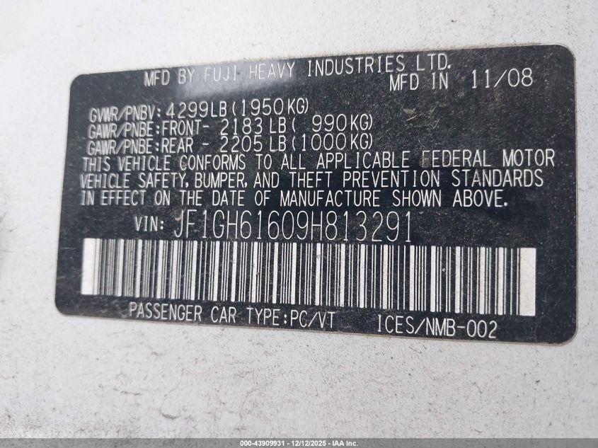 2009 Subaru Impreza 2.5I VIN: JF1GH61609H813291 Lot: 43909931