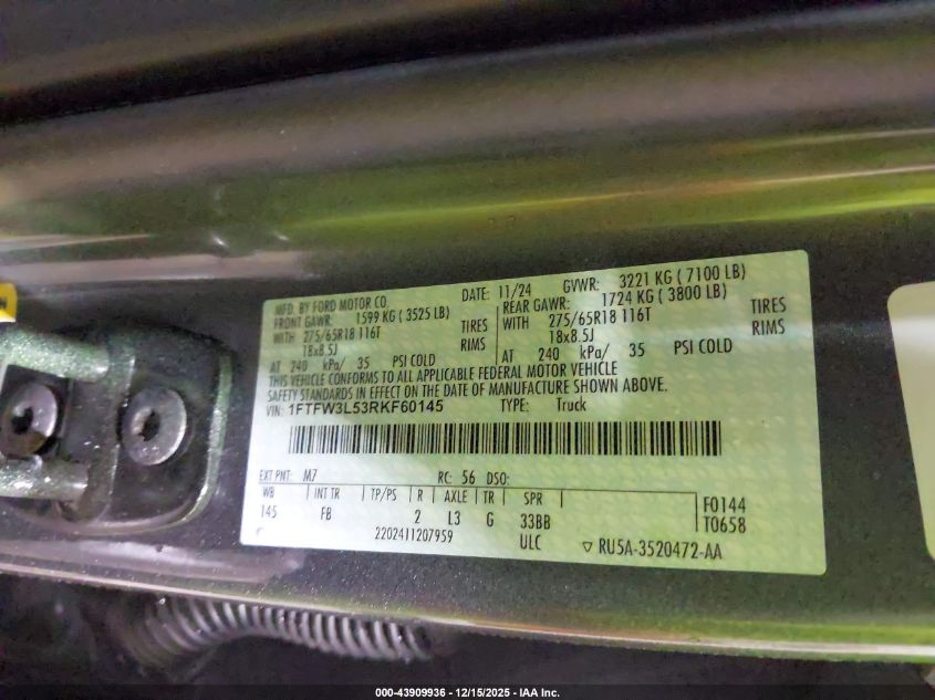 2024 Ford F-150 Xlt VIN: 1FTFW3L53RKF60145 Lot: 43909936
