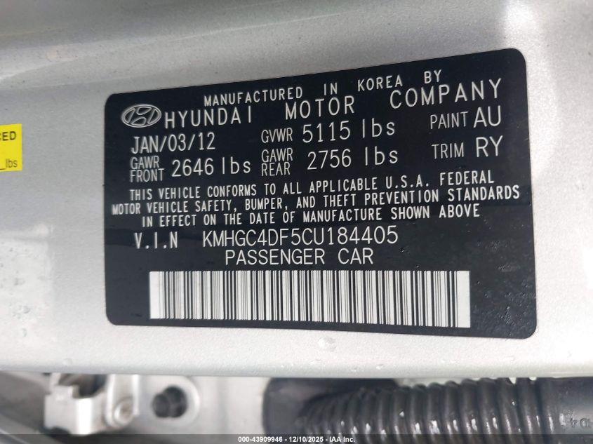 2012 Hyundai Genesis 4.6 VIN: KMHGC4DF5CU184405 Lot: 43909946