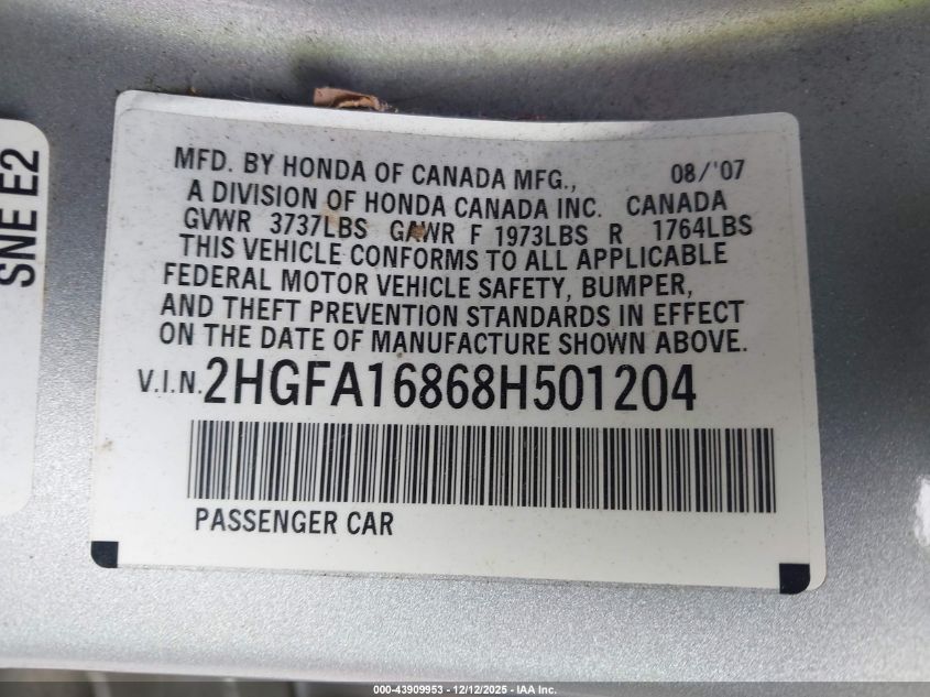 2008 Honda Civic Ex VIN: 2HGFA16868H501204 Lot: 43909953