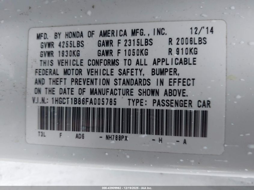 2015 Honda Accord Ex-L VIN: 1HGCT1B86FA005785 Lot: 43909962