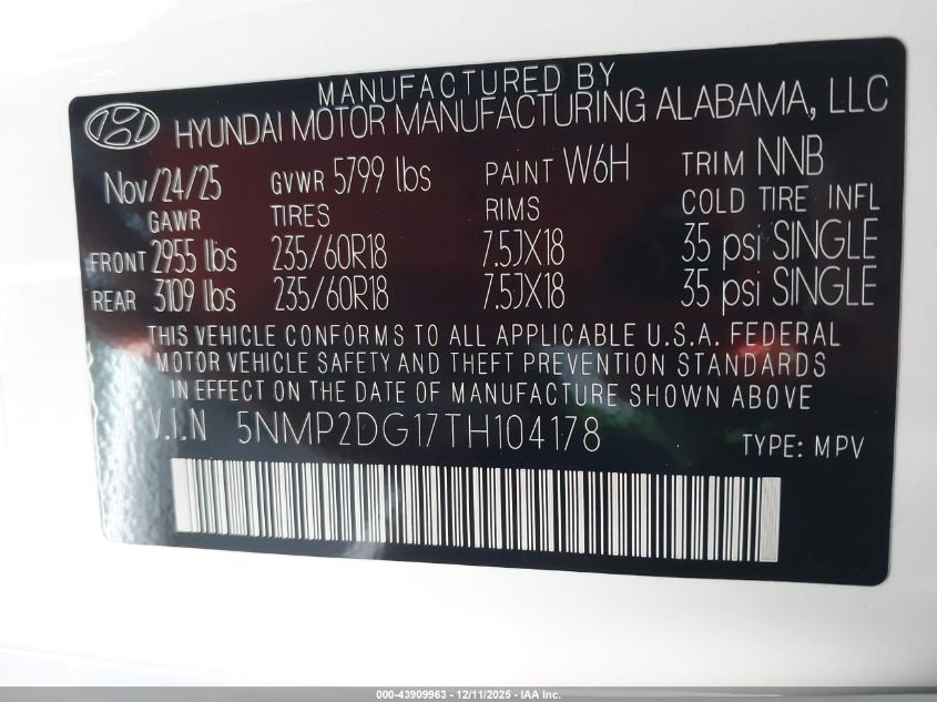 2026 Hyundai Santa Fe Hybrid Sel VIN: 5NMP2DG17TH104178 Lot: 43909963