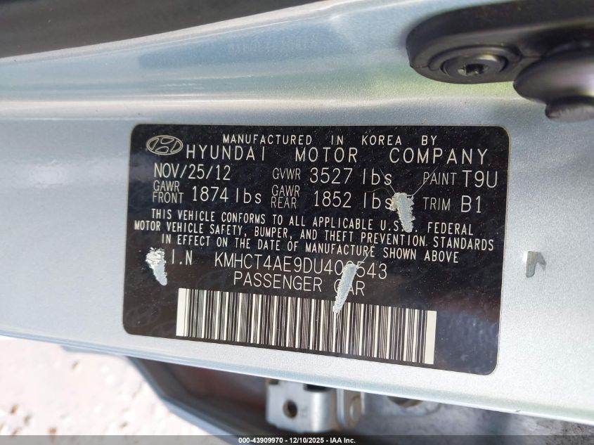 2013 Hyundai Accent Gls VIN: KMHCT4AE9DU400543 Lot: 43909970