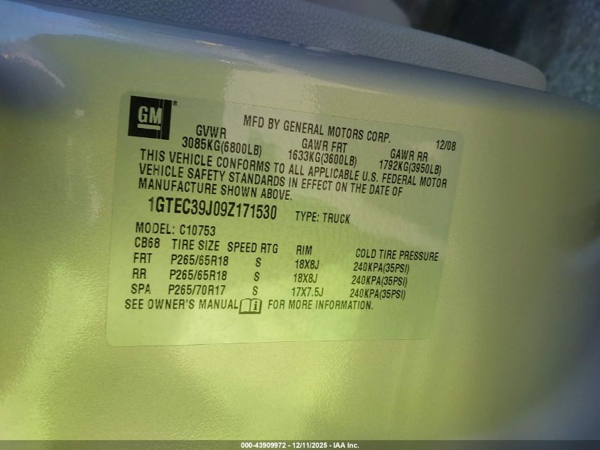 2009 GMC Sierra 1500 Slt VIN: 1GTEC39J09Z171530 Lot: 43909972